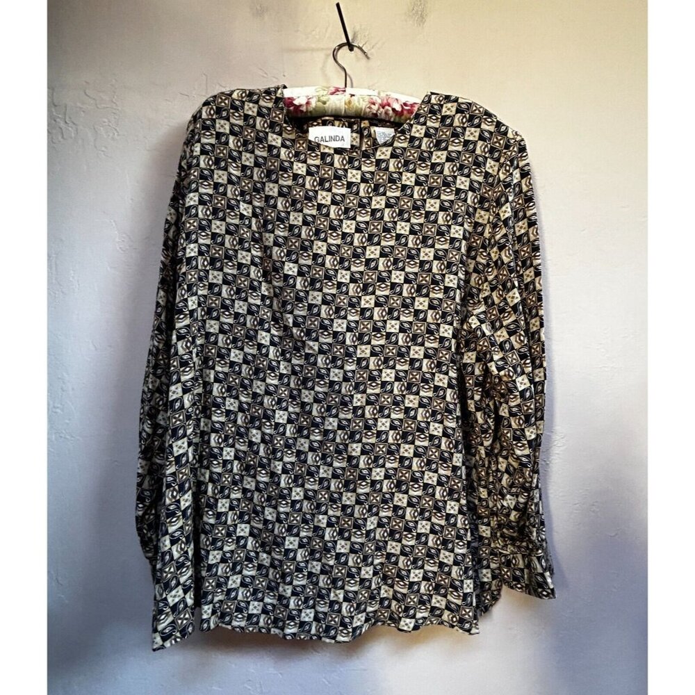 Galinda Vintage Women's Long Sleeve Keyhole Neck Top Silk Paisley Brown Size 2X
